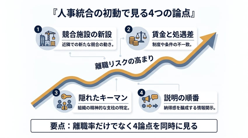 人事統合の初動で見る4つの論点を整理した図