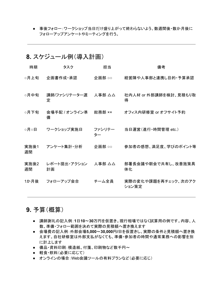 更新したワークショップ原本の導入計画と予算記入例