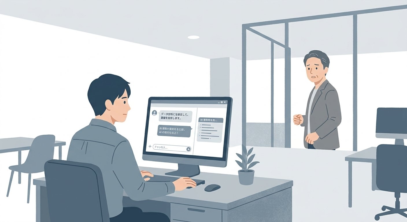 OJTが崩壊した現代のオフィスの概念図。PCの前に座って孤独にAIを使う若手社員と、どう教えていいか分からず遠くから見つめる先輩社員を、温かみのあるシンプルなフラットイラストで表現を表現したイメージ