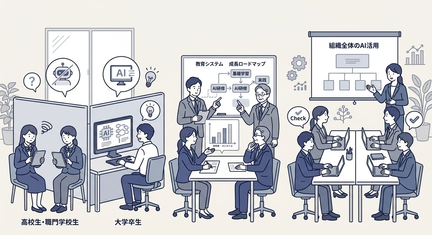 高卒・専門卒と大卒の間で見られるAI活用意欲の分断と、それを教育システムで埋めようとする経営層や人事の決断を描写した、温かみのあるシンプルなオフィスのフラットイラストを表現したイメージ