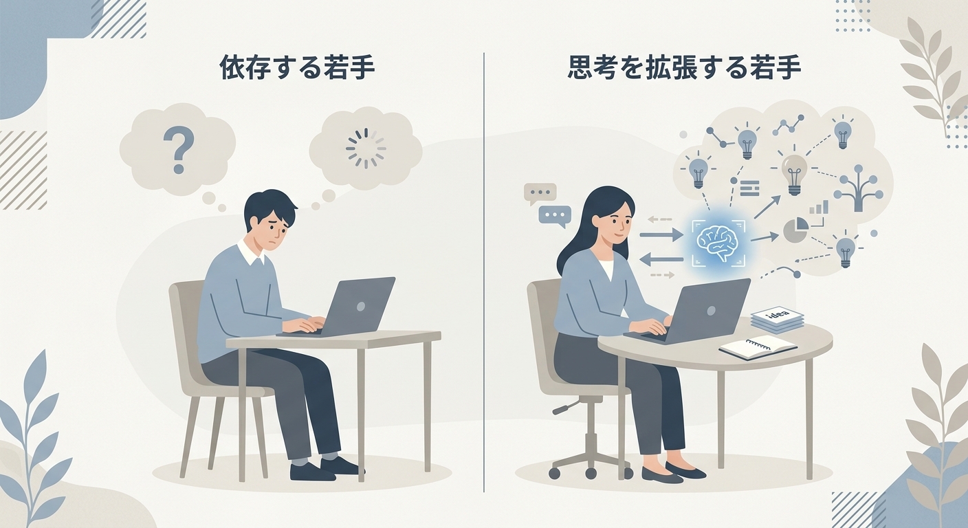 AIに「依存する若手」と「思考を拡張する若手」を対比させたフラットデザインのイラスト。片方は指示を待つだけ、もう片方はAIと対話してアイデアを出している様子を表現したイメージ