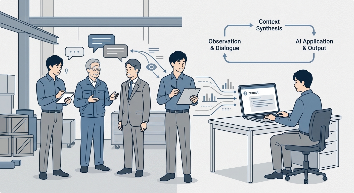 現場に足を運び、先輩や顧客と対話しながら「泥臭い人間力」で状況のコンテキストを獲得し、その情報をAIのプロンプトに組み込んでいる若手社員のフラットイラストを表現したイメージ
