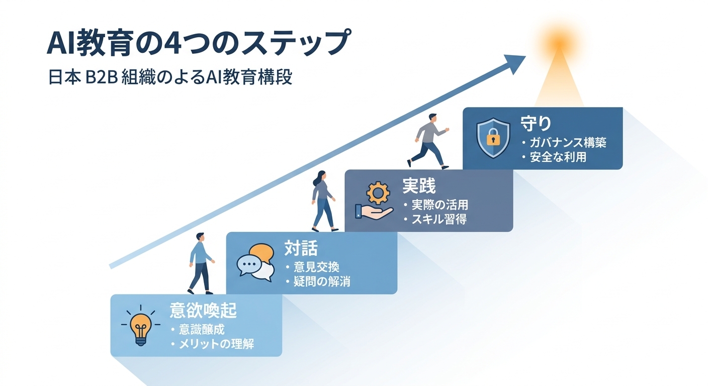 AI教育の4つのステップ（意欲換起、対話、実践、守り）を右肩上がりの階段のように示したステップ図、フラットデザインのインフォグラフィック