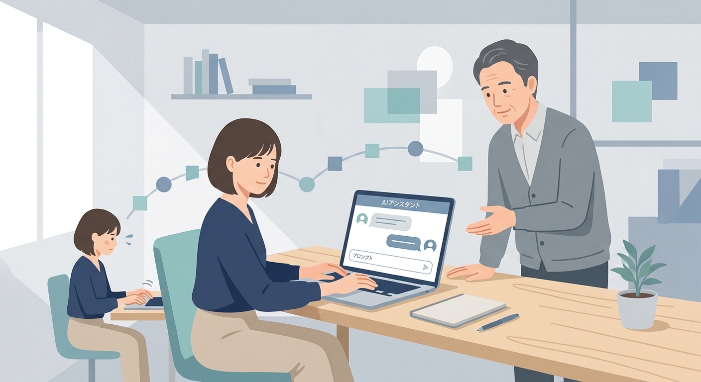 AIツールを恐る恐る触り始めた新入社員が、対話を通じて少しずつ自信をつけていく様子を描いた、温かみのあるオフィスのフラットイラストを表現したイメージ