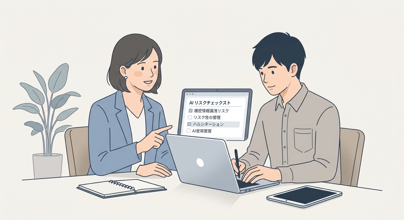 機密情報やハルシネーション（嘘）に注意しながら、AIリスクマネジメントのルールを実践形式で真剣に、しかし温かく教え込む先輩と学ぶ新入社員のフラットイラストを表現したイメージ