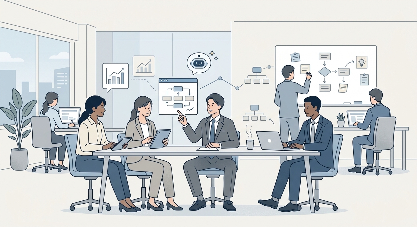 組織にAI文化が定着し、全員で「日報」を通じてAI壁打ちの知見を共有している活気あるオフィスのフラットイラストを表現したイメージ