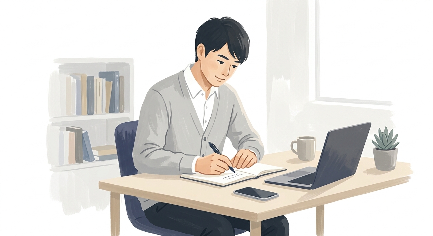 あえてPC（AIへの依存）を閉じ、ノートとペンを使ってゼロから自力で思考するプロセスを経験する若手社員の情景を描いた、温もりのあるフラットイラストを表現したイメージ