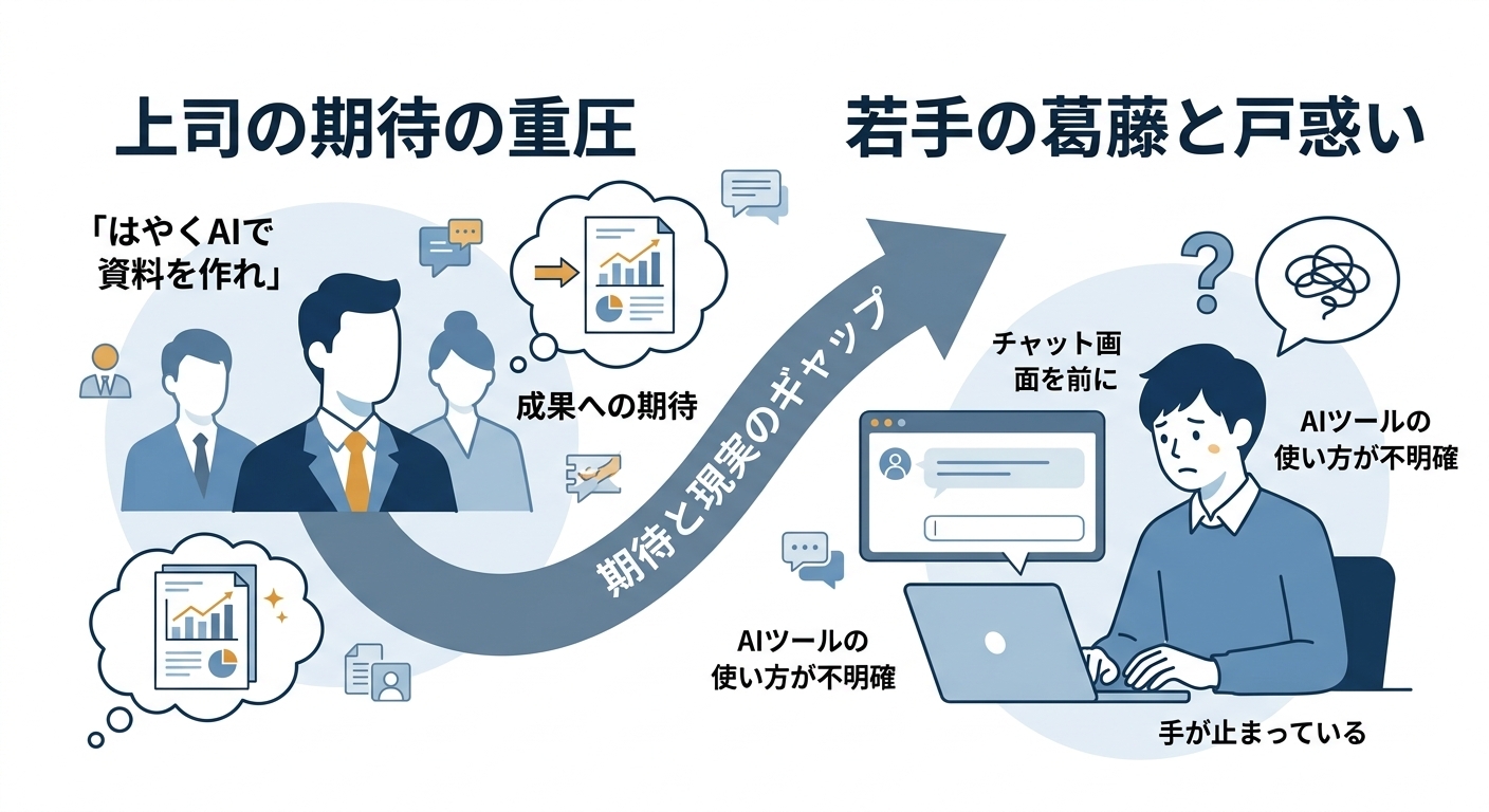 上司からの「はやくAIで資料を作れ」という期待の重圧と、AIツールのチャット画面を前にして手が止まっている若手の葛藤を表現したインフォグラフィック図解