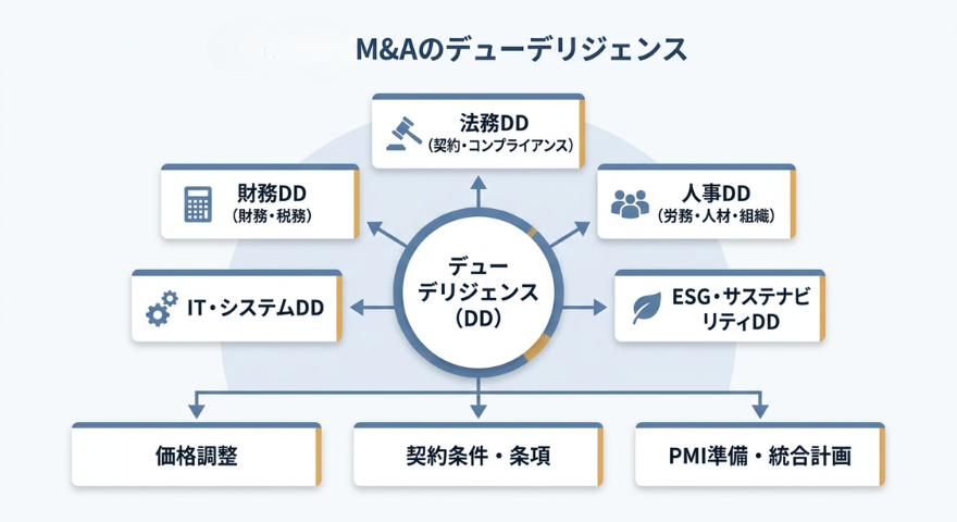 M&Aのデューデリジェンス全体像と、5領域が価格調整、契約条件、PMI準備につながる関係を示した図