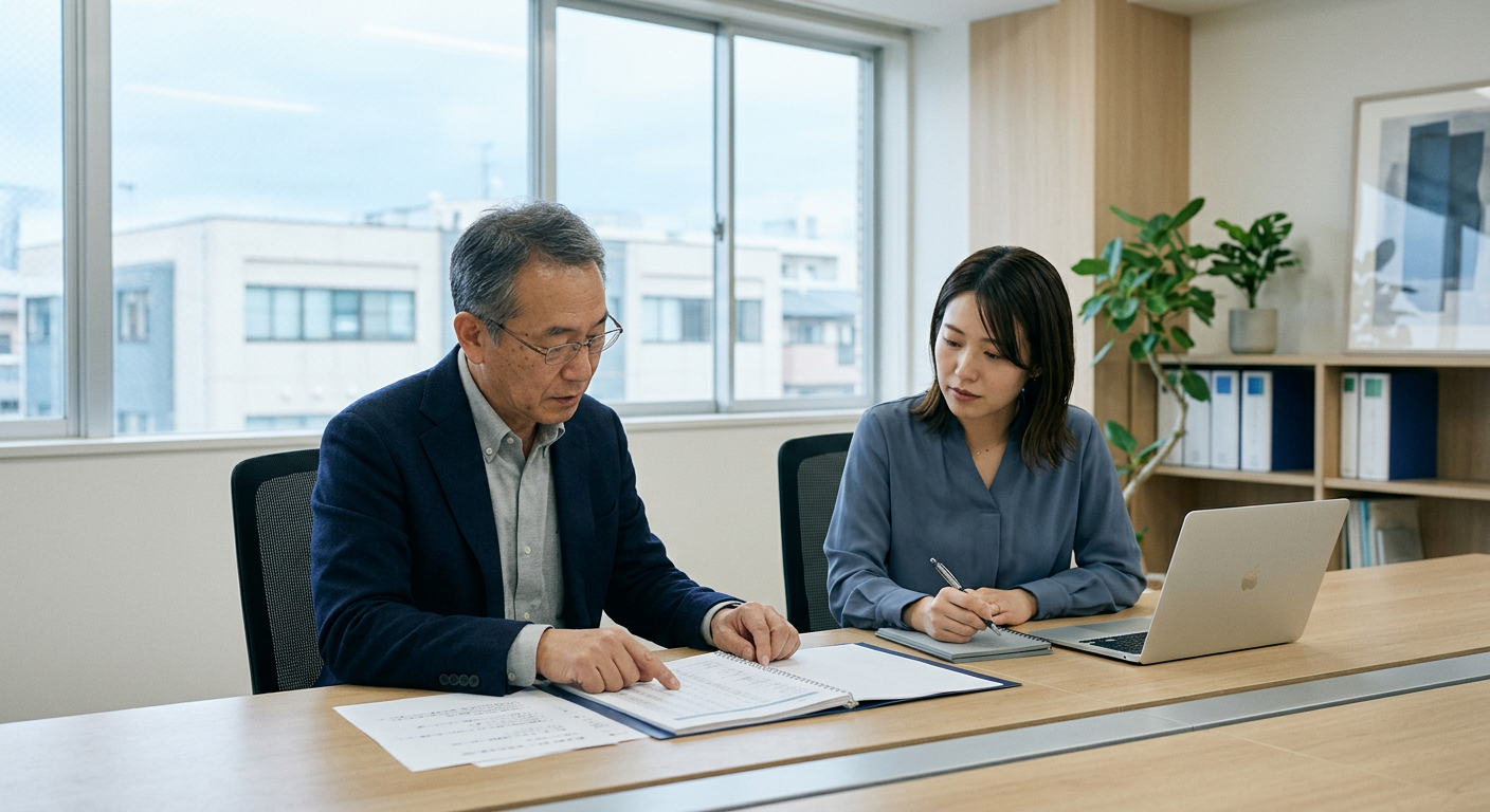 経営者と実務担当者が資料を見ながらDD準備を進めている場面