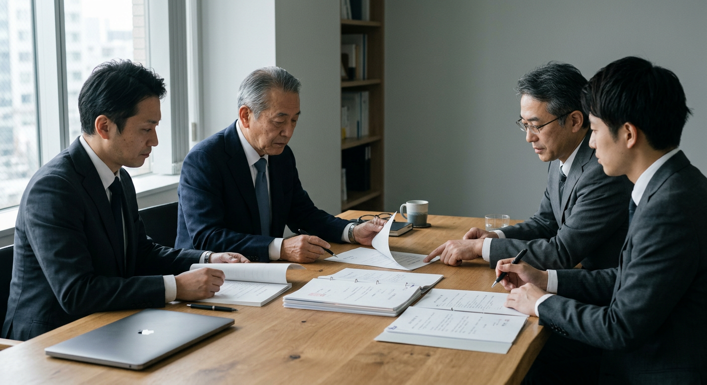 経営者とアドバイザーが最終契約書を確認している場面