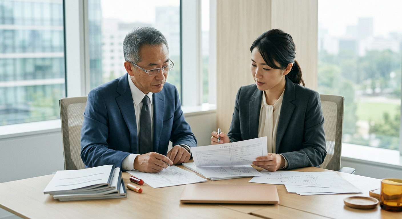 役員と実務担当者が許認可とクロージング書類のチェックリストを確認している場面