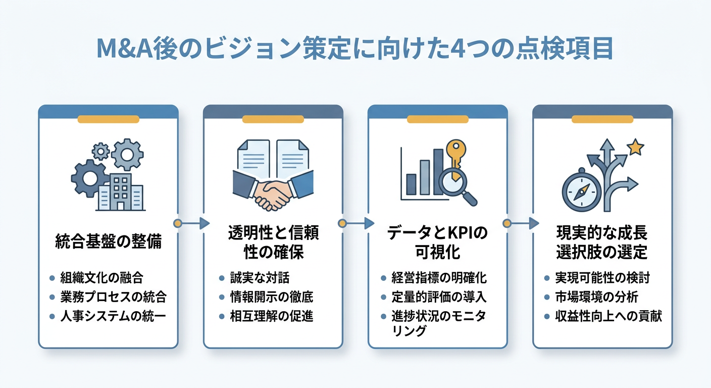 M&A後の未来ビジョンを描く前に確認したい4つの条件を整理した図